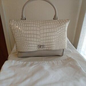 Calfskin Crocodile Embossed Medium Shark Lock Satchel Off White